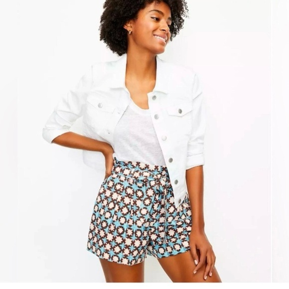 Loft Paperbag Pull On Linen Blend Shorts Sunwashed Floral Sz M - Picture 1 of 7
